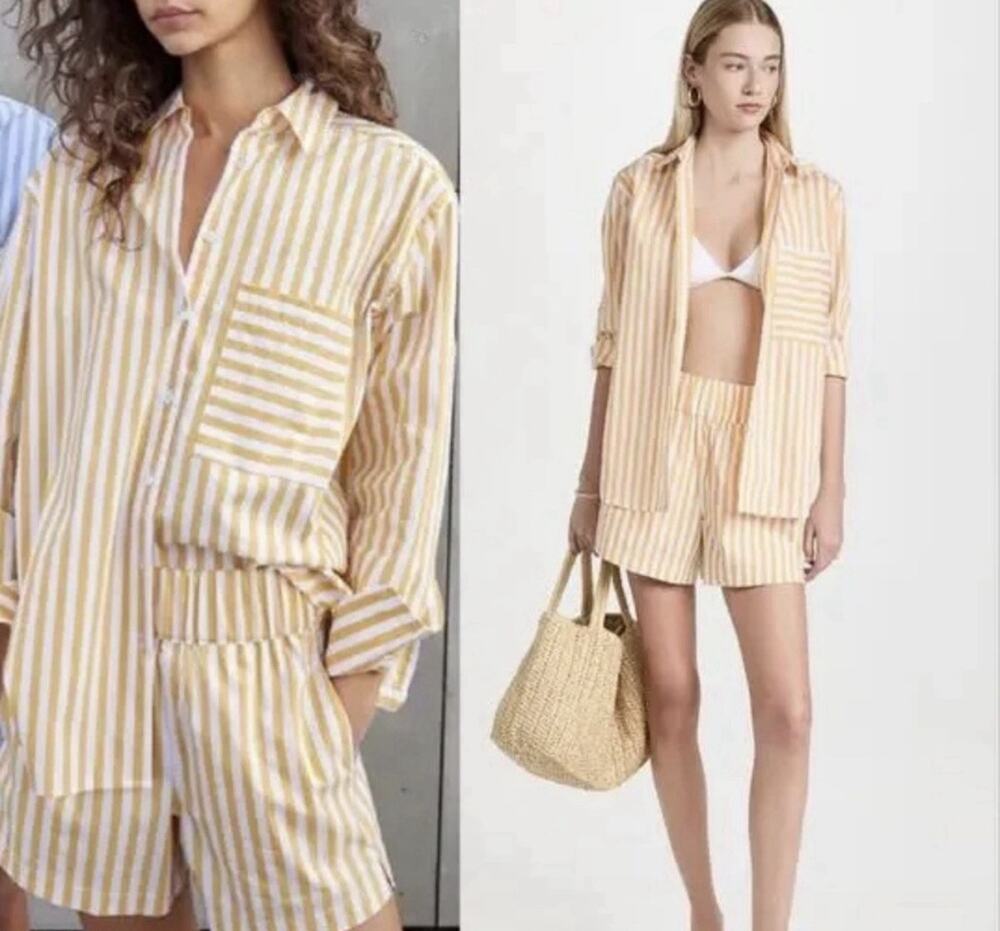 AYR Yellow White Striped Coastal Casual Relaxed Deep End Button Up Shirt Small